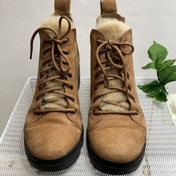 EILEEN FISHER Women Calm Tan Suede Shearling Platform lug‎ Sole Hiker Bootie 7.5 - Picture 2 of 13